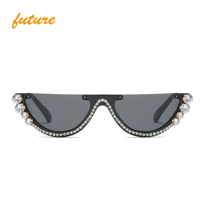 

FA97370 Trendy Half Frame Sun Glasses Diamond Eyeglasses Women 2019 Luxury Sunglasses, Black;grey