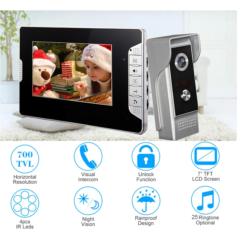 Wired Video Doorbell Intercom System 7''Inch Color Screen ,Dual-way Intercom,Monitor,Unlock with Night Vision Camera