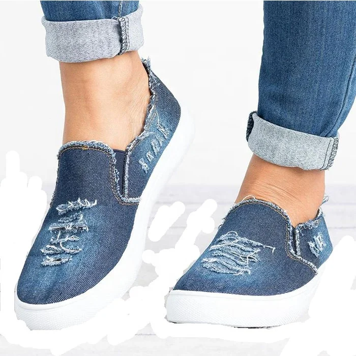 

Woman Plus Size Loafers Worn Hole Round Toe Slip-On Flat Shoes, Pic