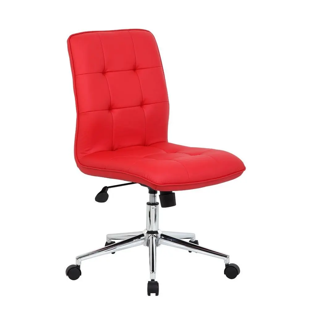 Brianna Modern Armless Task Chair Dimensions: 27"W x 27"D x 35.5-38.5"H Seat Dimensions: 19.5"Wx18"Dx18-21"H Seat Thickness: 2.5" Red Vinyl/Chrome Frame