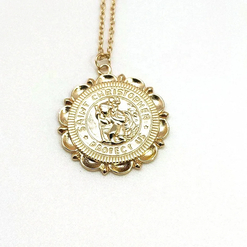 Protection medallion St. Christopher gold statement religious flower coin necklace jewelry