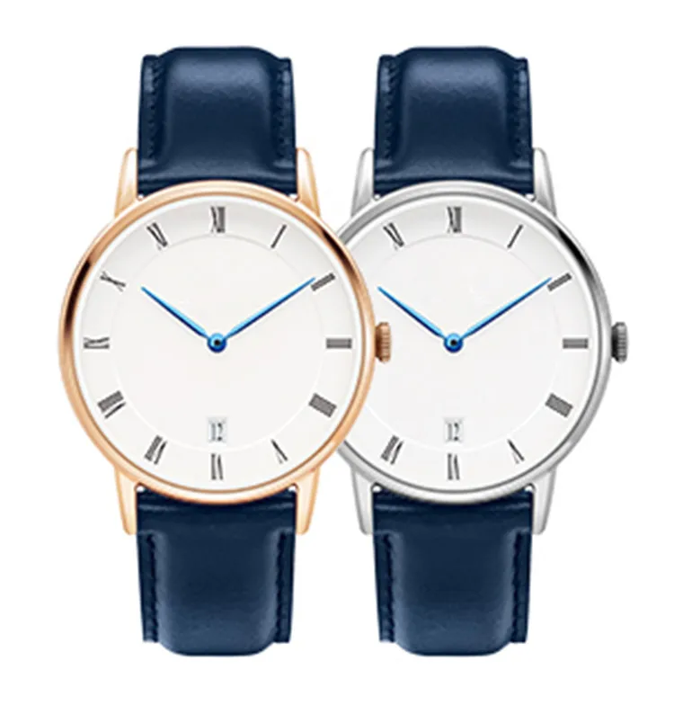 

Blue stainless steel leather waterproof calendar watch for couple