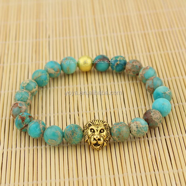 

BRA1178 Wholesale natural imperial jasper beaded bracelet,gold lion head bracelet
