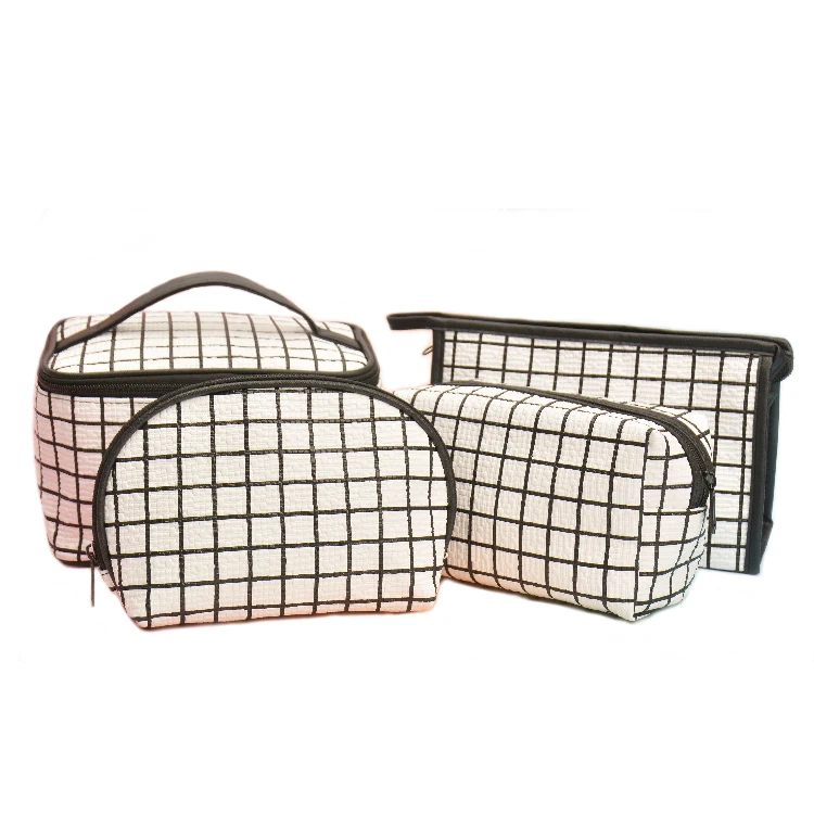 

4 pcs removable black white grid makeup bag lattice travel cosmetics bag set for custom, Black ,customized color