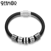 

REAMOR Men High Quality 316l Stainless Steel Black Genuine Leather Bracelet