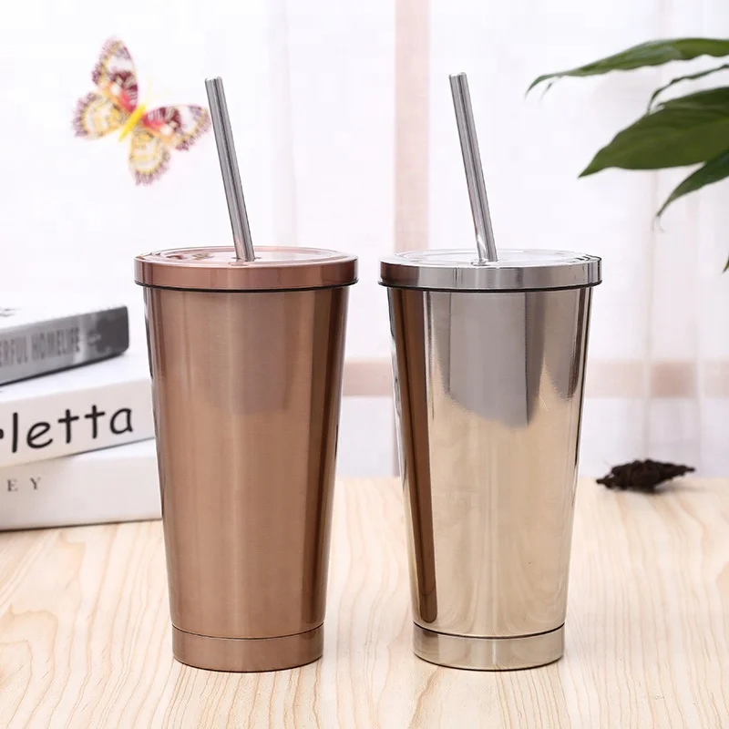 Hot Sale 16oz Vacuum Cup New Design Coffee Mugs Stainless Steel Straw
