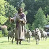 catholic religious bronze sculpture life size jesus leading sheep statue