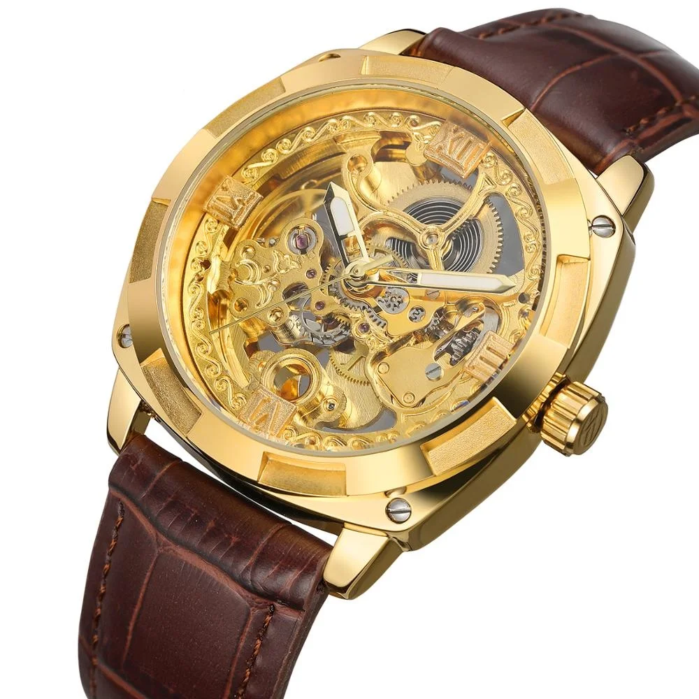 

Forsining 2018 Latest Age Automatic Watch Men Black Leather Strap Gold Skeleton Luxury Men WristWatches Relogio Masculino, 5-color