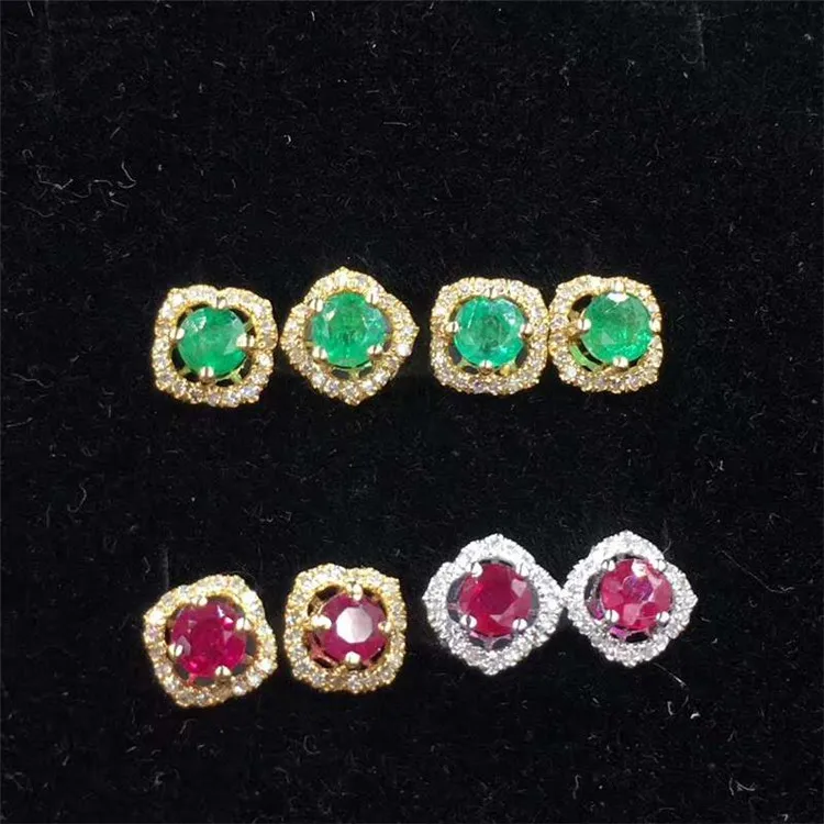

18k gold South Africa real diamond natural red ruby/ green emerald mini beautiful stud earring for women