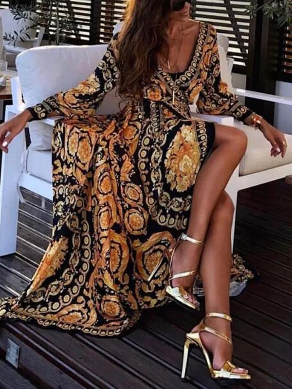 2019 Foreign trade dress hot style sexy deep V slit dress print skirt evening dresses cocktail dresses ball-gown skirt