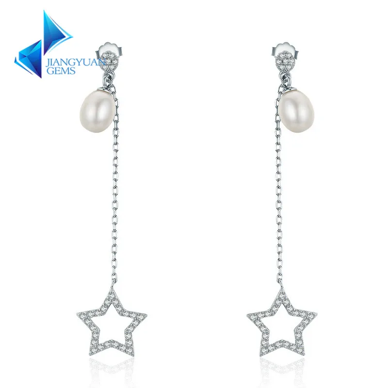 

2020 New Freshwater Pearl Elegant and Star CZ Long Drop Earrings for Women Jewelry