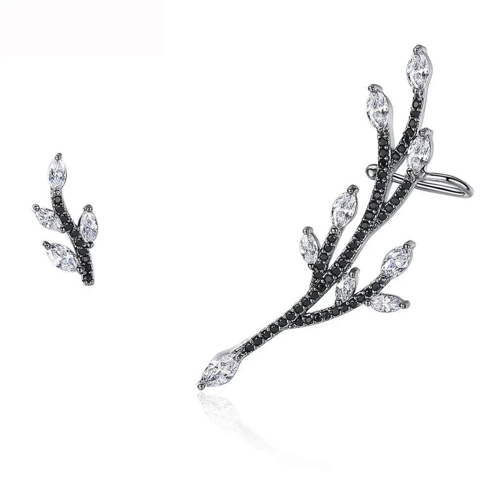 LUOTEEMI Unique Chinoiserie Gun-Black Color Clear Cubic Zirconia Leaf Stud Earrings for Women