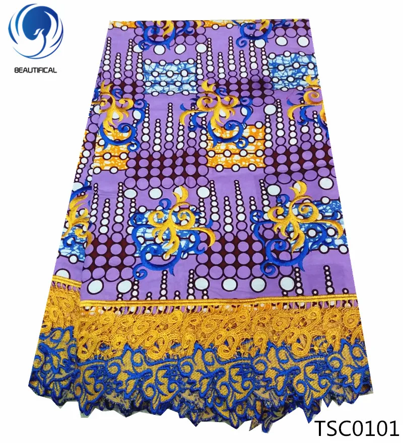 

Beautificial High quality african embroidery cotton wax with guipure lace fabric for dress nigerian wax lace fabric 6yards TSC01, Customized