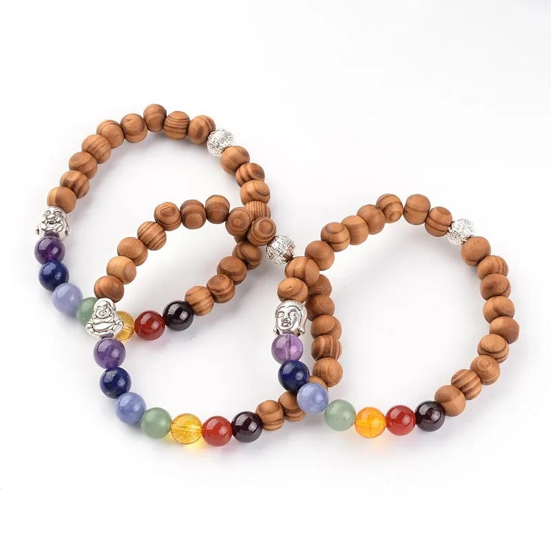 

PandaHall Buddha Head Chakra Wood Beaded Stretch Bracelets with Gemstone Beads Brass Filigree Beads Tibetan Style Alloy Beads
