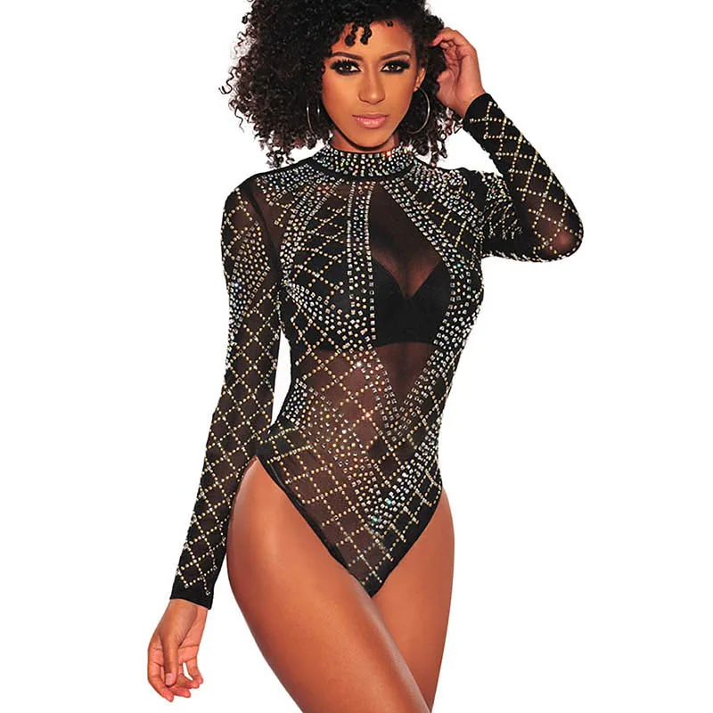 

2021 Women Long Sleeve Black Rhinestone Lingerie Studded Mesh Bodysuit, Customized