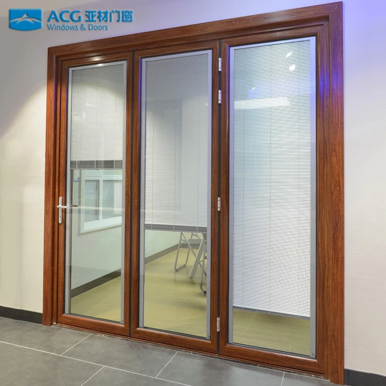 Latest Design 3 Panel Aluminium Glass Folding Doors With Blinds
