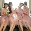 Sweet Pink Short Party Dress For Sisters Appliques Soft Tulle Knee length Elegant Bridesmaid Cocktail Dress