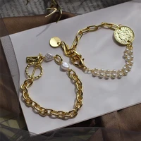 

2019 new design wholesale baroque pearl square coin bracelet 18k real gold plated chain necklace Korean luxury bracelet female