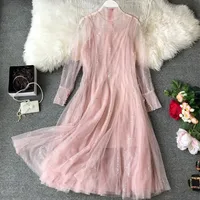 

New Harajuku Style Gauze Mesh Sequins Spring Long Sleeve Dress Two Piece Sweet Elegant Sexy Party Night Club Dresses E9990