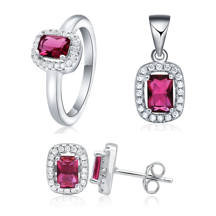 

POLIVA 925 High-end Luxury Bridal Wedding Earring Ring Pendantbridal Jewelry Sets Created Ruby Gemstone Silver Red Europe