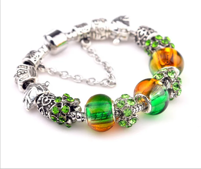 

Beautiful Grdual Change Color Beads With Chain European Silver Charm Bracelets Bangles Women with Lampwork Glass Jewelry