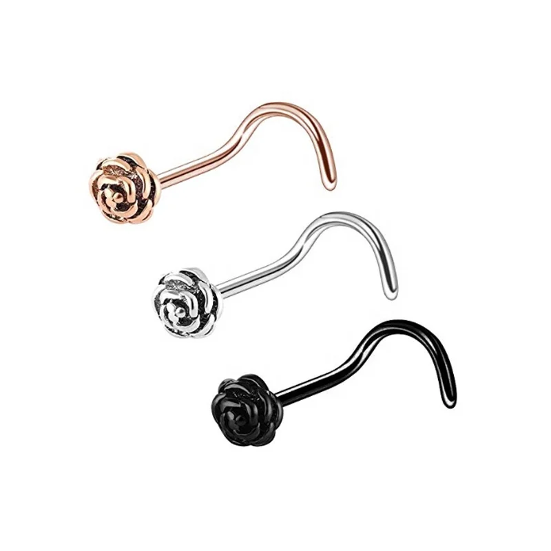 

2023 Toposh 3pcs Screw 20g Rose Flower Nose Hoop Piercing 316L Surgical Steel Nose rings Body Piercing jewelry