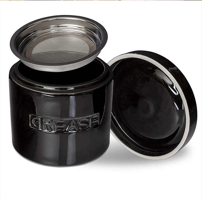 Ceramic Bacon Grease Oil Container Keeper With Metal Stainless Steel
