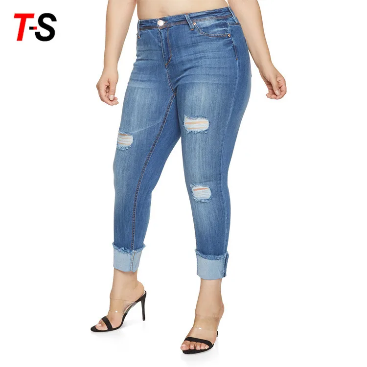 

High Quality Plus size Capri High waist Jeans elastic tight cotton denim ripped jeans women Causal pants trousers2XL-6XL, Blue