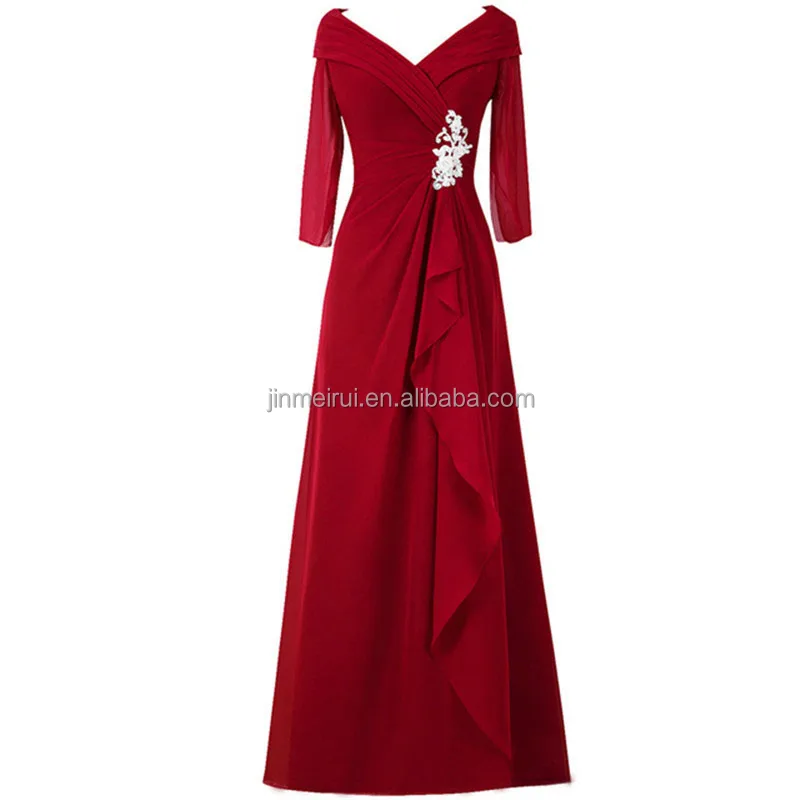 

Plus Size Mother of the Bride Dress 2019 Hot Sale V-neck Three Quarter Sleeves Chiffon Long Evening Dress Formal Occasion Dress, Plum