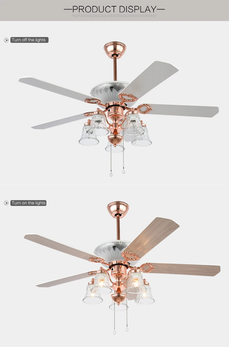 Popular style no noise wood blade rose gold 52 inch ceiling fan light