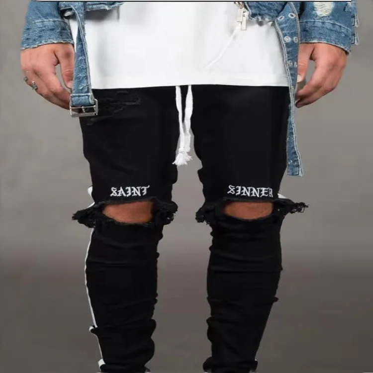 

New men Biker jeans knee damage embroidery Hole denim pants White stripe elastic Slim High quality jeans