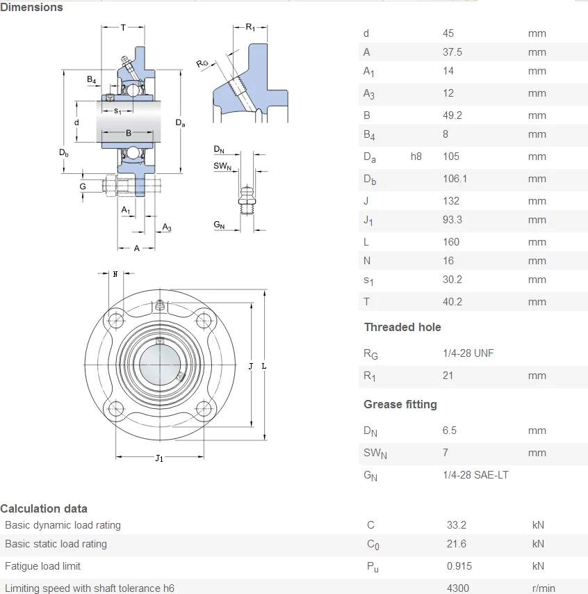 High Precision Pillow Block Bearing Fc209 4 Bolt Circle Flange Bearing