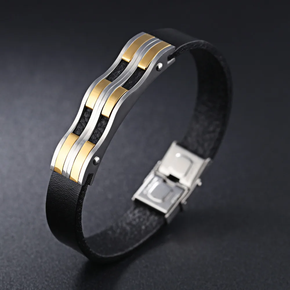 

New design men's Fashionable stainless steel bangle simple style bracelet leather bracelet wavy titanium steel leather bangles, Silver /gold