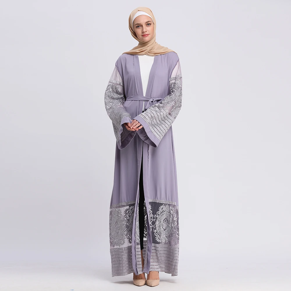 

2019 Latest Modest Islamic Clothing Jalabiya Dubai Embroidery Lace Open Abaya, Black;navy;rose pink;gray