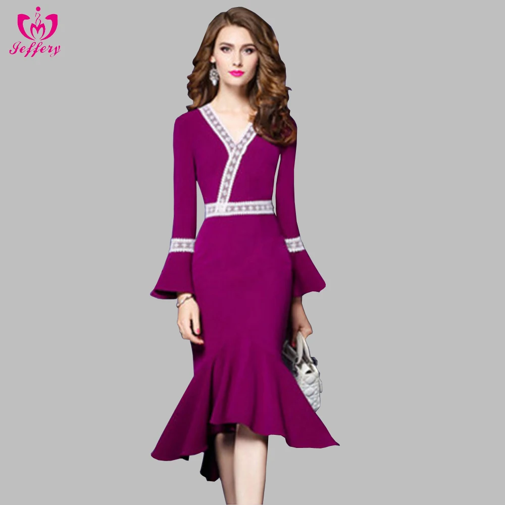 

Sexy V-neck flared sleeve dresses women long, As pic