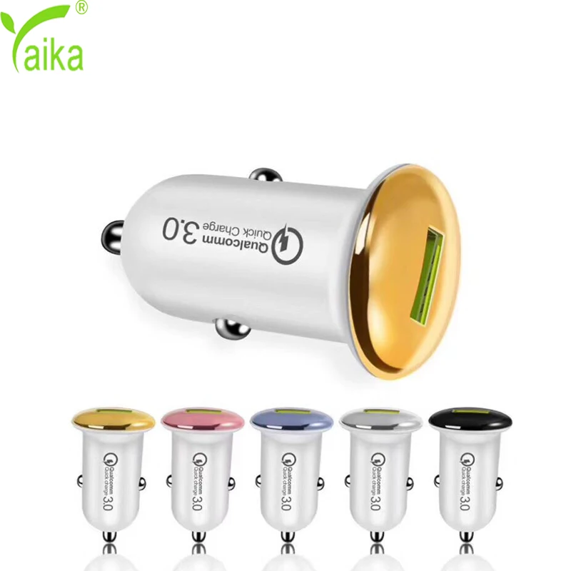 

New Arrival High Quality Portable Mini QC3.0 Simple Port Custom Logo Usb Car Charger For Mobile Phone, Black gold pink blue silver