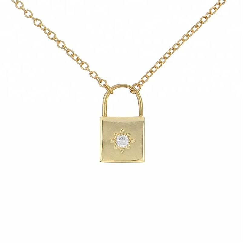 

14k gold plated starburst diamond padlock necklace mens 925 silver jewelry