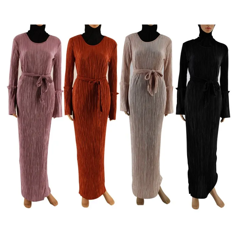 

2020 New party abaya designs women plain wrinkle Luxury muslim dress gown long tunic Prom Dresses