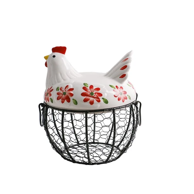 

Creative Egg Basket Chicken Wire Hen Egg Holder Fruit Basket Collection Ceramic Decoration Kitchen Storage