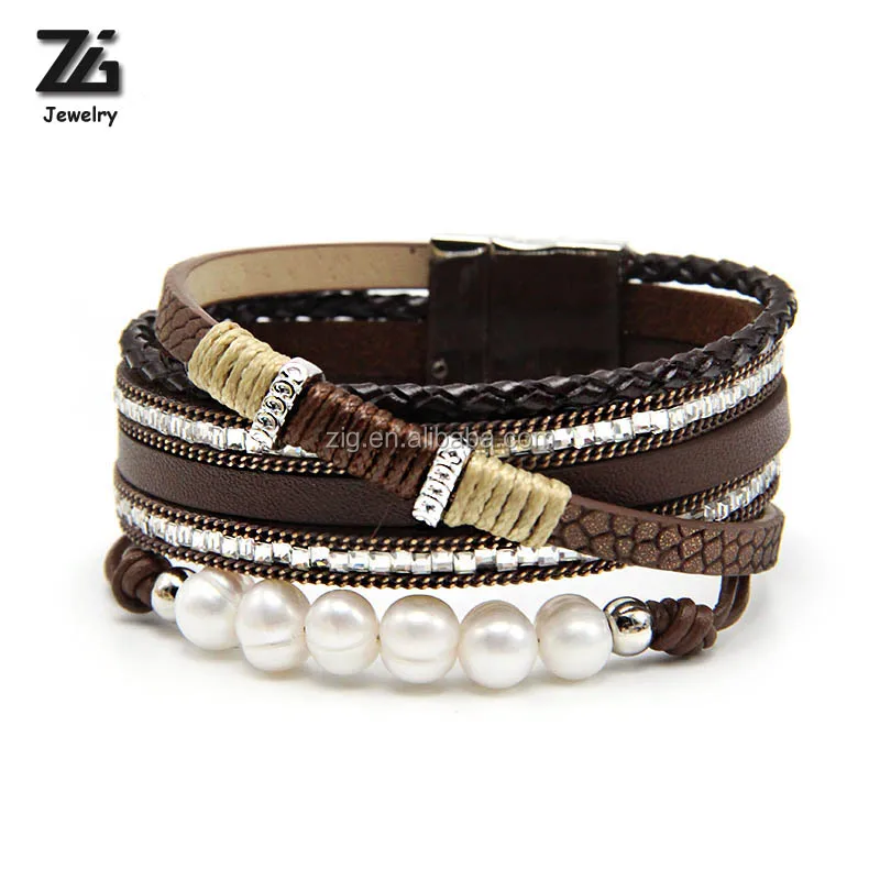 

Bohemian PU Leather Pearl Women Bracelet, Customized color