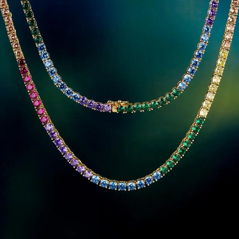 

KRKC&CO Hip Hop Necklace Top Sale Colored Iced Out Rainbow CZ Stone Diamond Tennis Chain, Multi