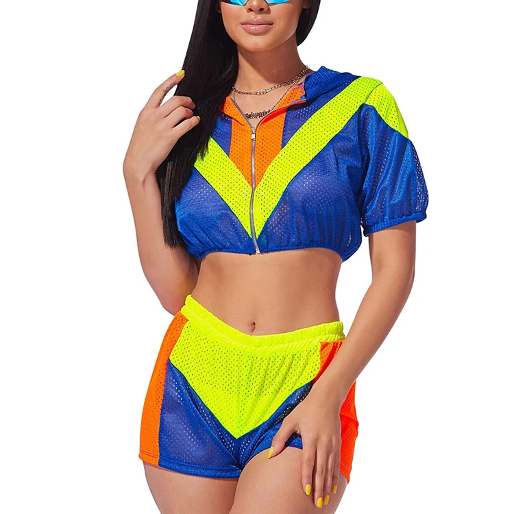 

Stylish Contrast Color Stitching Mesh Two Piece Set Women Fashion Sexy Clothing