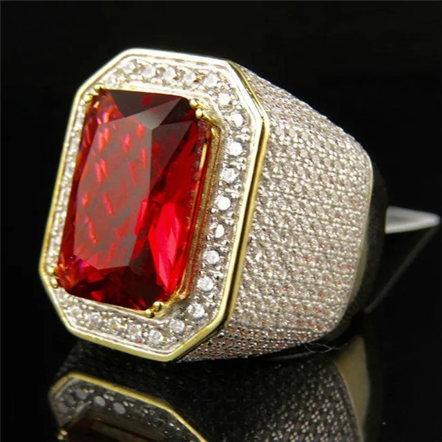 

Mens Ring Gold Color Classic Male Vintage Men Ring Red Stone CZ Dubai Luxury Rings Party Fashion Jewelry Size8-12