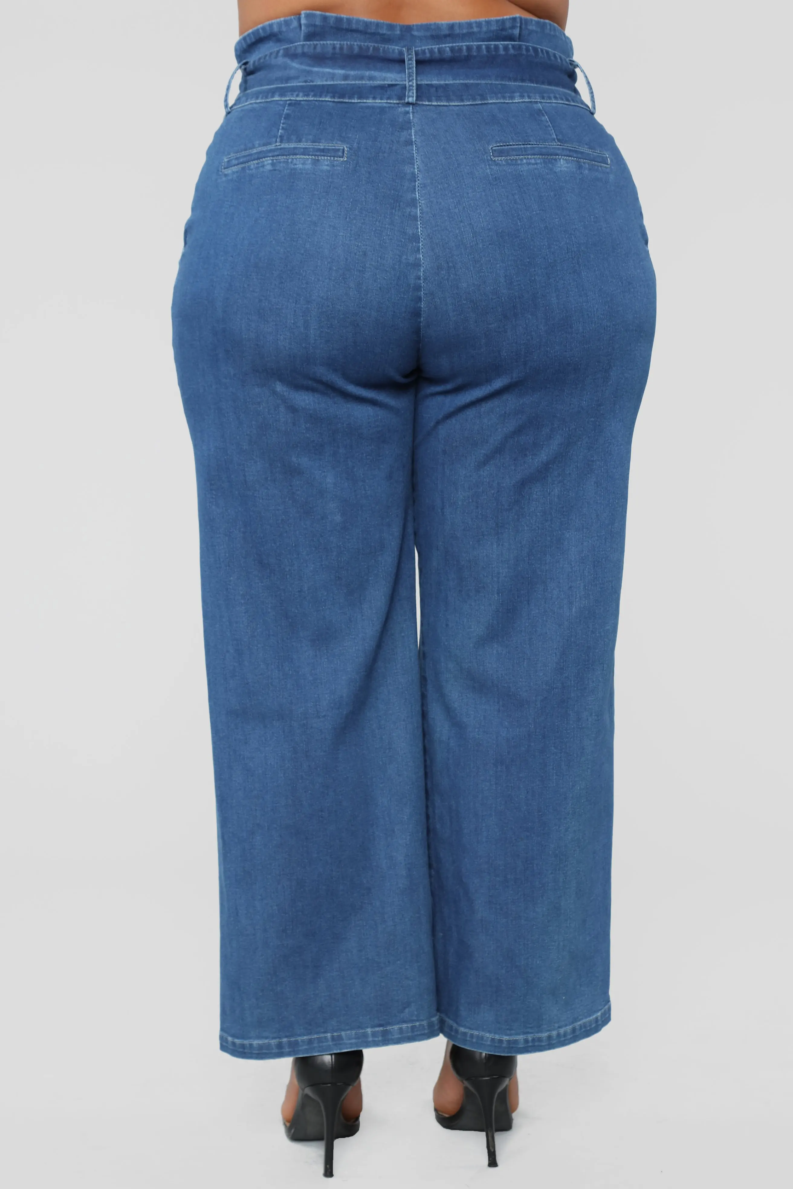 Casual Paperbag Waist With Belt Blue Denim European Style Wide Leg Jeans for Women