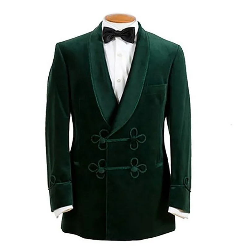 

Green Classic Vintage Velvet Embroidered Buttons Slim Blazers for Men