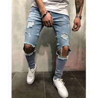 

IN-STOCK Mens Casual Skinny Jeans Pants High Waist Solid Denim Pencil Jeans Distressed Ripped Jeans Knee Holes For Youth Men