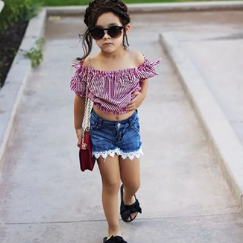 

GX682A guangzhou manufacturer summer kids denim pant and top clothing wholesale