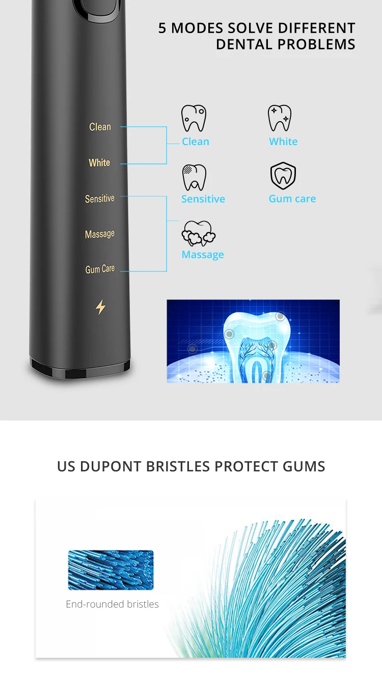 Ipx7 Waterproof Foodgrade Smart Sonic Electric Toothbrush Rechargeable Ultrasonic Vibrating