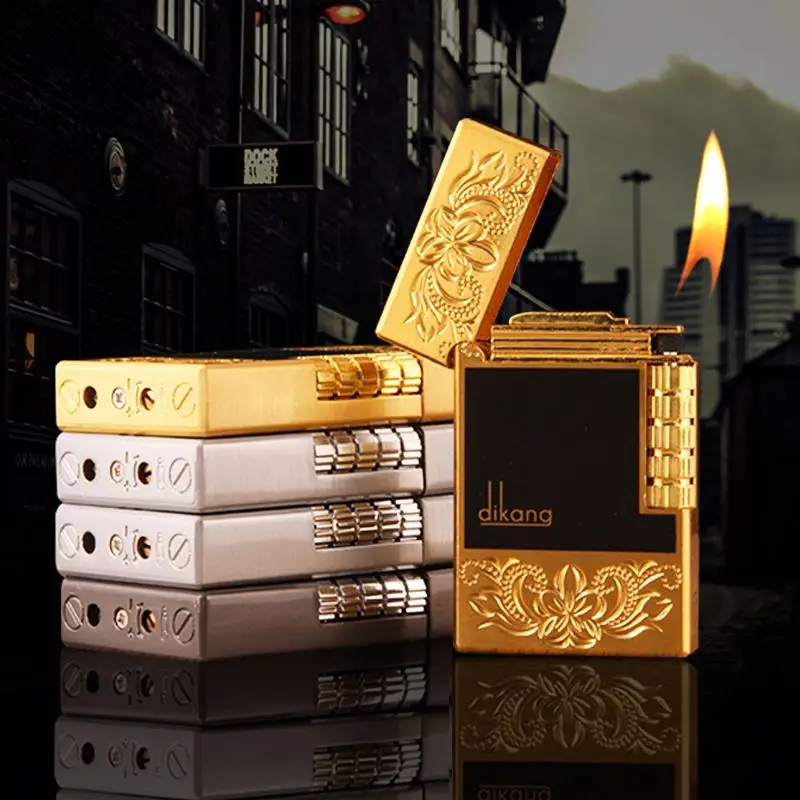 

personalized creative metal relief side playing windproof bright gas lighter sanqiao 834, Four colors