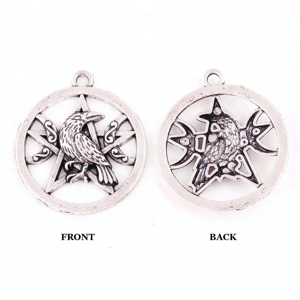 

P187 Fashion Vintage Raven Dark Moon Pentacle Charm Pendant Jewelry for Unisex, Antique silver ,customized